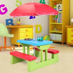 Kids PicnicTable Set Folding Outdoor Children Set Rainbow Bench w/Umbrella