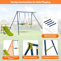 4-in-1 Kids Outdoor Heavy-Duty Metal Playset Swing Set w/Slide & Basketball Hoop