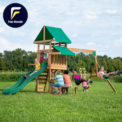 Backyard Discovery Belmont Cedar Wood Swing Set with Wave Slide Play Deck Rock