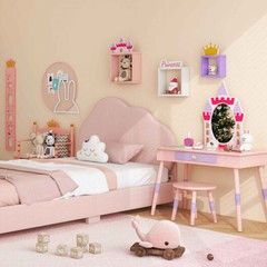 3 Pieces Kids’ Room Bundle: Twin Bed Frame Wardrobe Closet Vanity Table and Stoo