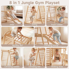 Indoor Jungle Gym, 8 in 1 Wooden Montessori Toddler Climbing Toys with Adjustabl