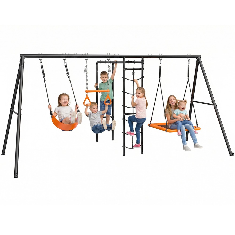 5in1 Metal Swing Sets for Backyard with Monkey Bars, Belt Swing, Platform Swing
