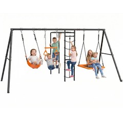 Metal Swing Set for Kids w/ Monkey Bar, Belt Swing, Platform Swing, Climbing Net