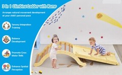 3-in-1 Kids Climber Ladder Wooden Arch Rocker board W/ Sliding & Climbing Ramp