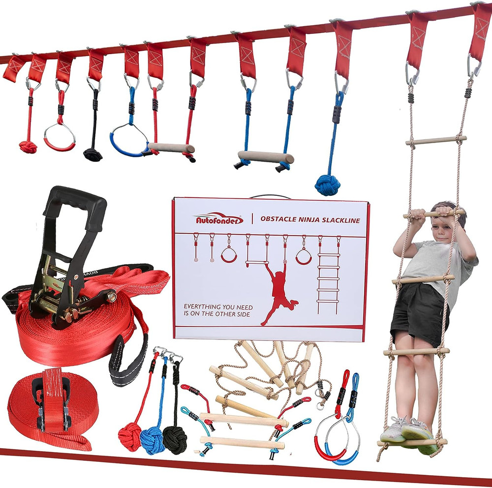 Obstacle Course Kit 2x50ft Ninja Slackline 7 Obstacles and Climbing Rope Ladder
