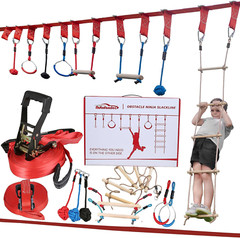 Obstacle Course Kit 2x50ft Ninja Slackline 7 Obstacles and Climbing Rope Ladder