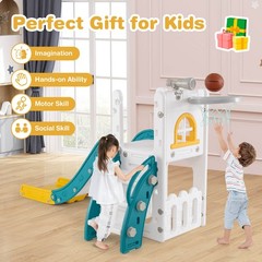 6 in 1 L-shaped Toddle Slide for Toddlers Age 1-3 Baby Slide w/ Basketball Hoop