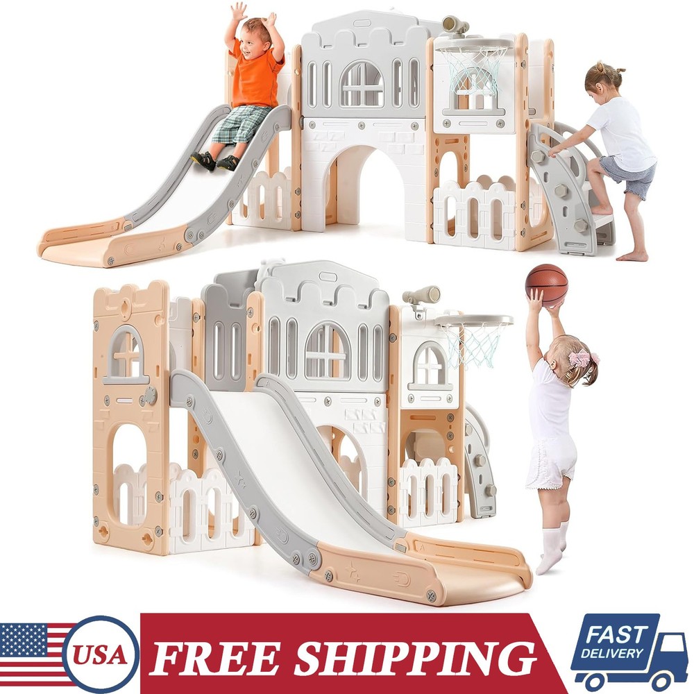 8 In 1 Toddler Slide & Climber Set Pink-Gray Indoor Outdoor Playground for Kids