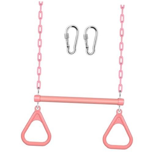 Trapeze Bar Swing Set Gym Rings 47″ Heavy Duty Chain Swing Set 17″ Pink