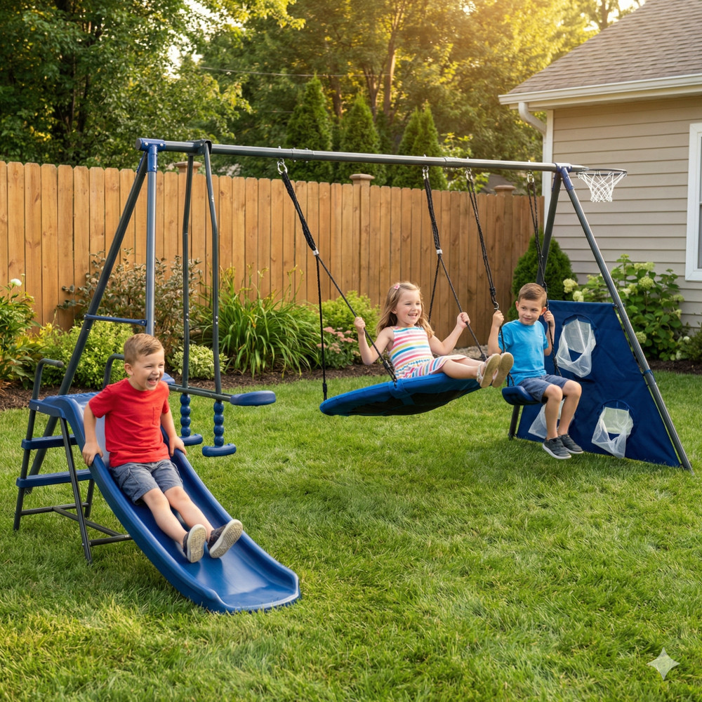 Outdoor Swing Set 6 Functions w/ Net, Slide, Glider Ages 3+ 440lb
