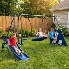 Outdoor Swing Set 6 Functions w/ Net, Slide, Glider Ages 3+ 440lb