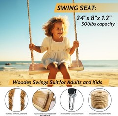 Wooden Swing 24″x 8″x 1.2,500lbs,Wooden Tree Swing Adjustable Hemp Rope &