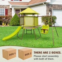 4-in-1 Kids Outdoor Metal Playset with Covered Playhouse Fort, Slide & Ladder