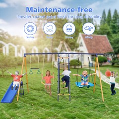 7 in 1 Swing Set for Kids Outdoor A-Frame Heavy-Duty Metal Swing Sets with Slide