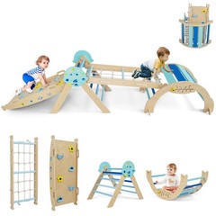 Spaceman Theme Wooden Montessori Climbing Set w/Arch Ramp Climbing Rope & Ladder