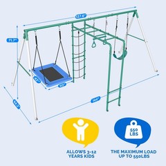 Heavy Duty Metal Swing Set Playground Set for Backyard w/Monkey Bar Climbing Net