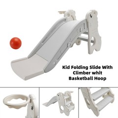 3In1 Kid Folding Slide With Climbe Basketball Hoop Freestanding Slide Toy White