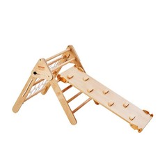 Large 4-in-1 Wooden Climbing Triangle with Ramp, Natural Color, Ages 1-3