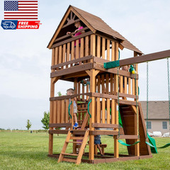 Highlander Cedar Wood Swing Set with Wave Slide Three-Story Clubhouse Rock Wall