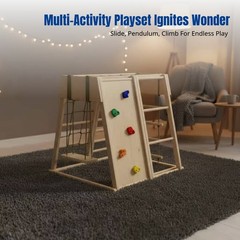 Kids Wooden Climbing Frame, Indoor Slide, Hanging Seat, Home Play Gym