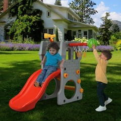Kids Slide with Basketball Hoop, 4-in-1 Toddler Freestanding Slide, Telescope…