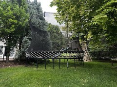 Rainbow Play Systems Wooden Outdoor Swing Set and trampoline