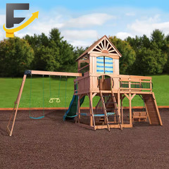 Caribbean Outdoor Playground Set W/ Wave Slide Rockwall Swing Set and Porch