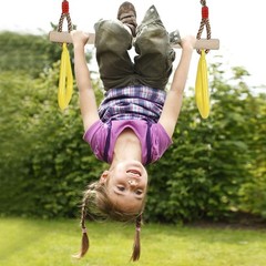 Playground Children’s Wooden Trapeze Swing Bar with Plastic Gym Rings Swing S…