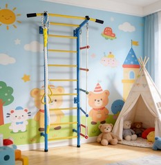 5-in-1 Wall Gym Playset with Rope Ladder, Pull-up Bar & Gymnastic Rings