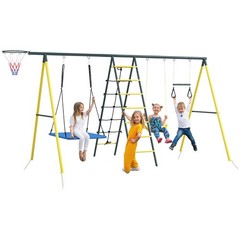 Metal Swing Set for Backyard, 5 in 1 Design for Ages 3-8, Yellow