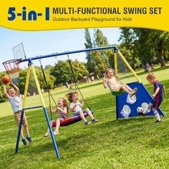 5-in-1 Kids Swing Set with Saucer Swing, Belt Swing, Basketball Hoop for Toddler