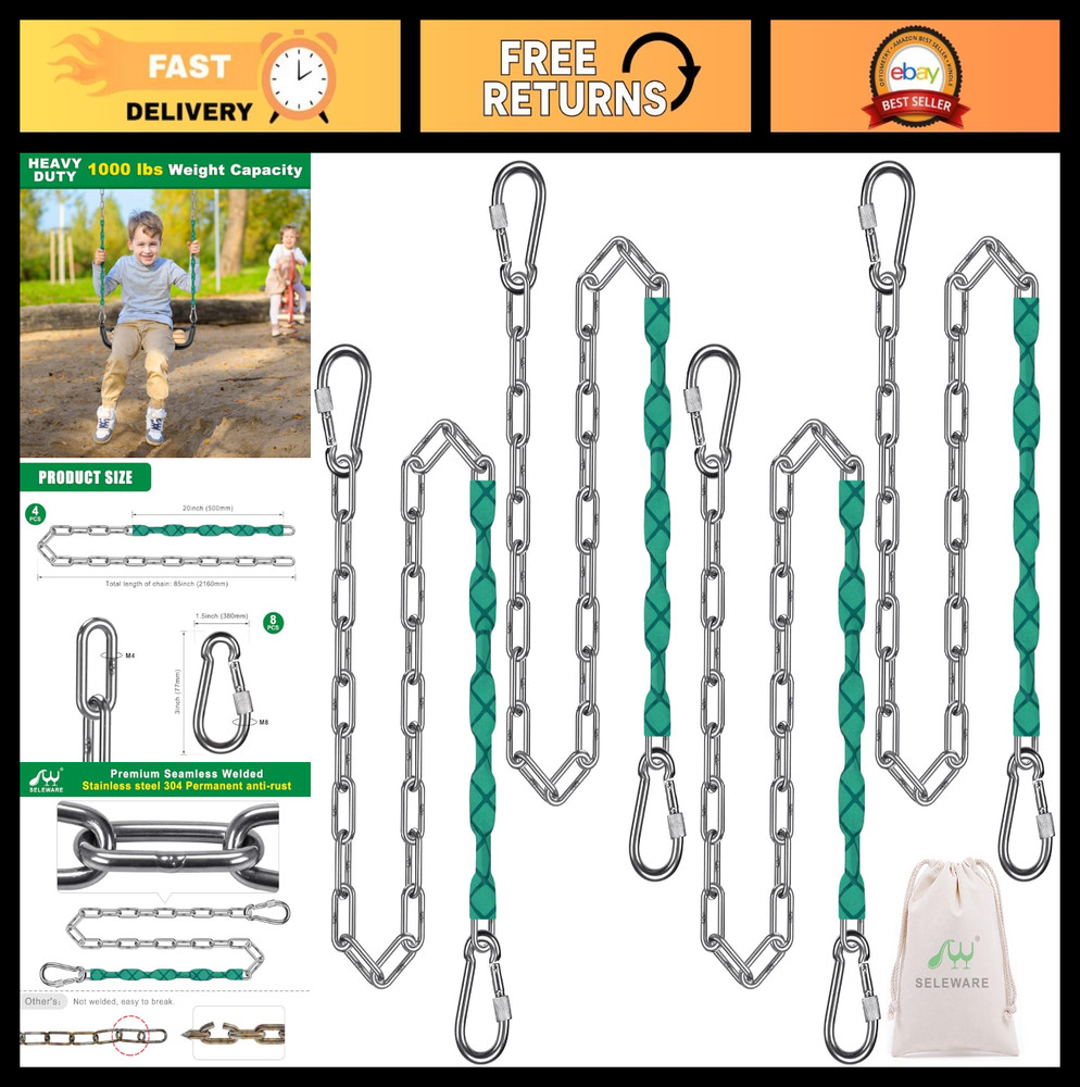 4 Heavy Duty 85″ Swing Chains – 1000LB Capacity Stainless Steel Kit with 8 Carab