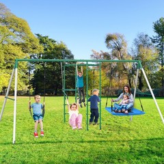 Heavy Duty Metal Swing Set Playground Set for Backyard w/Monkey Bar Climbing Net