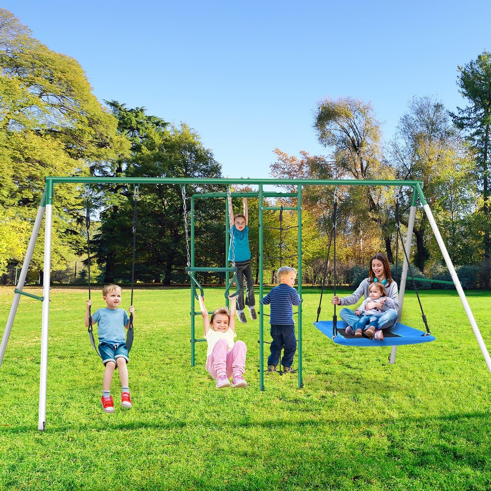 Large Metal Swing Set Heavy Duty Playground Set Outdoor for Kids w/2 Swing Seats