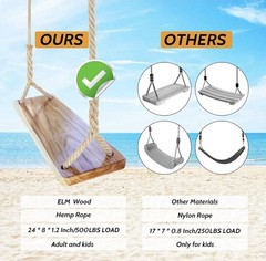 Wooden tree swing adjustable rope straps 500lbs load for indoor outdoor