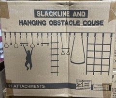 52′ Slackline & steel ratchet Ninja Line w/11 Hanging Obstacle Attachments. 5+