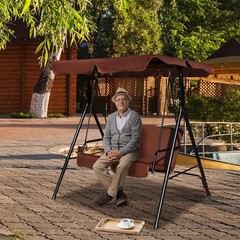 2-Person Steel Frame Outdoor Porch Swing with Cushions & Adjustable Canopy