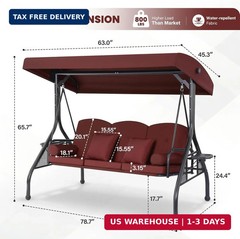 3 Seat Outdoor Porch Swing with Adjustable Canopy,2 in 1 Patio Swing Bed with St