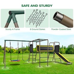 Large Metal Swing Set with 2 Swings, Tunnel, Slide,Climbing Ladder Monkey Bars