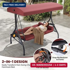 3 Seat Outdoor Porch Swing with Adjustable Canopy,2 in 1 Patio Swing Bed with St