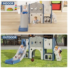 8 in 1 Toddler Climber Slide Playset Outdoor Indoor Slide Playset for Kids Blue