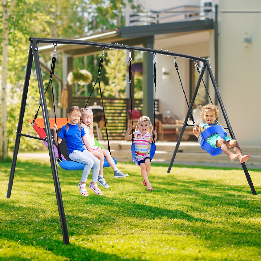 Metal Swing Set with 3 Seats Toddler Swing Outdoor Kids Playset Heavy Duty Frame
