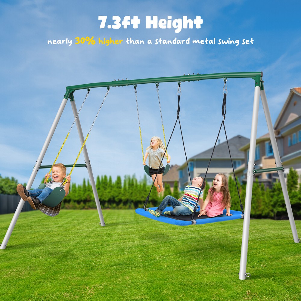 Hapfan 660lbs 7.3FT Heavy Duty Metal Swing Set Kids Backyard with 3 Swings Frame