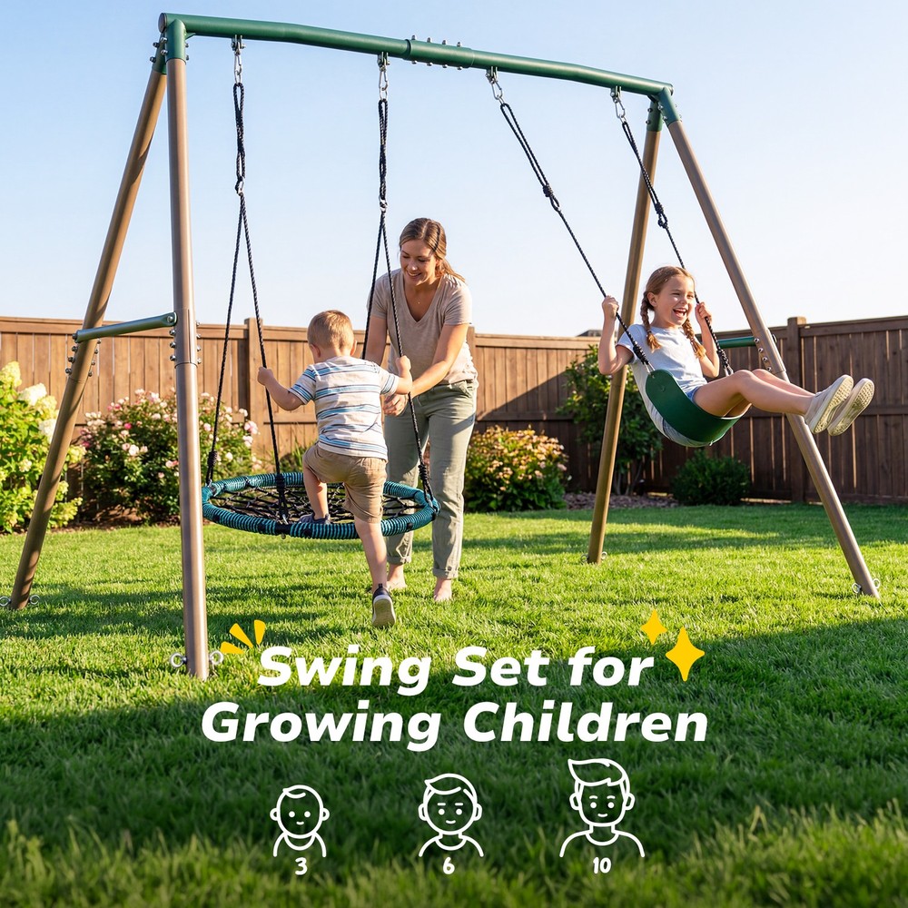 Hapfan 500lb Heavy Duty Frame 7.5ft Metal Swing Set for Kids Backyard w/2 Swings