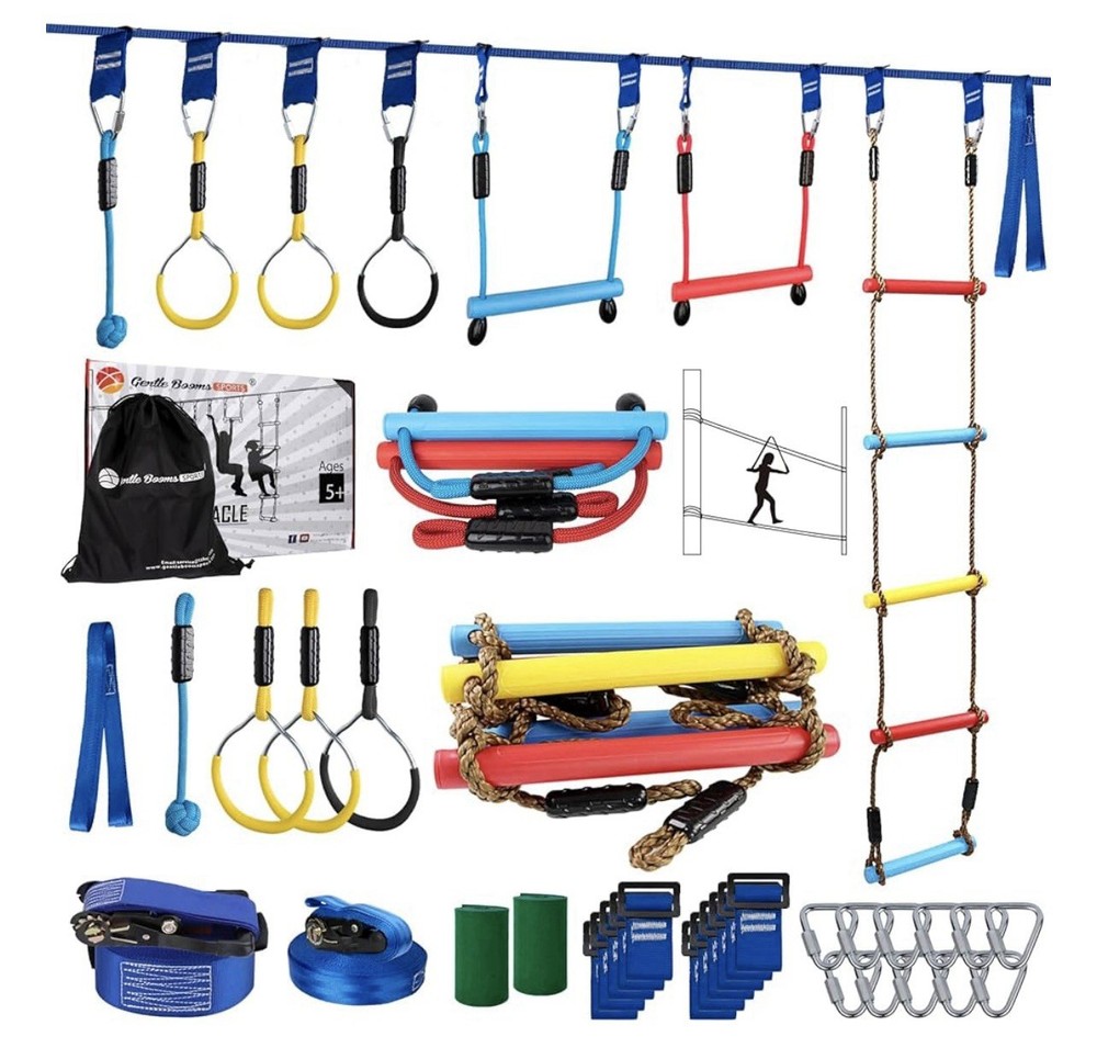 Warrior Obstacle Course for Kids, 2×56ft Slackline Kit with 8 Ninja Accessories