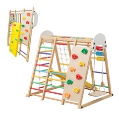 Foldable Kids Climbing Frame & Slide Wooden Playground Swing Monkey Bars