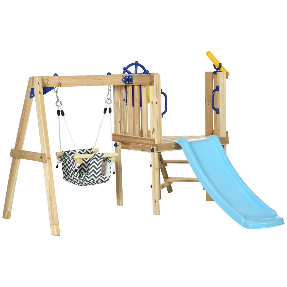 3-in-1 Wooden Swing Set w/ Baby Seat, Toddler Slide & Play Wheel – Ages 1.5-4