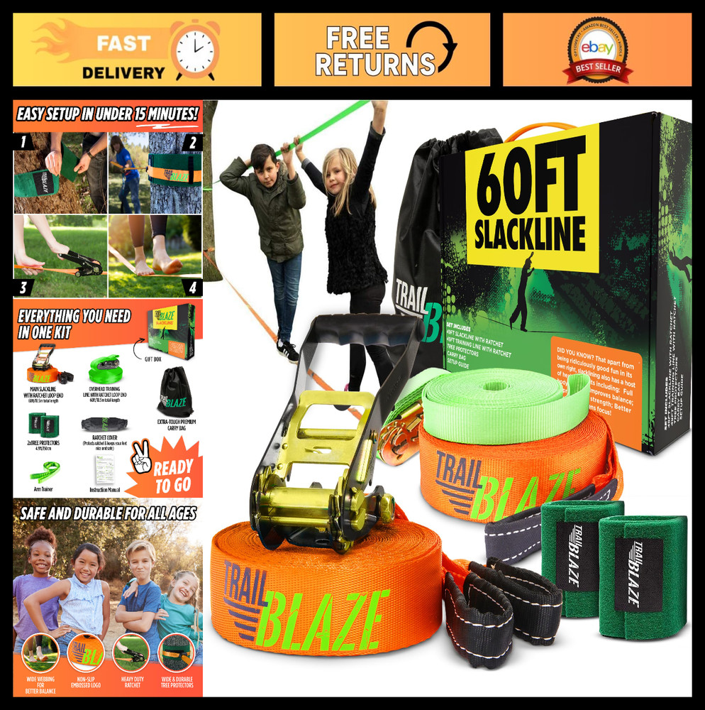 Complete Slackline Kit – 2x 60ft Lines, Training Line, Tree Protectors, Fun Outd