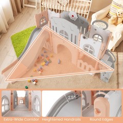 All in 1 Toddle Slide Playset Freestanding Kids Slide w/ Tunnel, Basketball Hoop