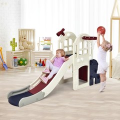 6-In-1 Large Slide for Kids Toddler Climber Slide Playset w/ Basketball Hoop
